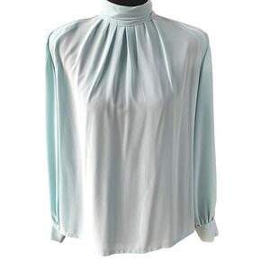Vintage Pendleton Blouse Women's Petite 10P High Neck Aqua Blue Retro Old Money